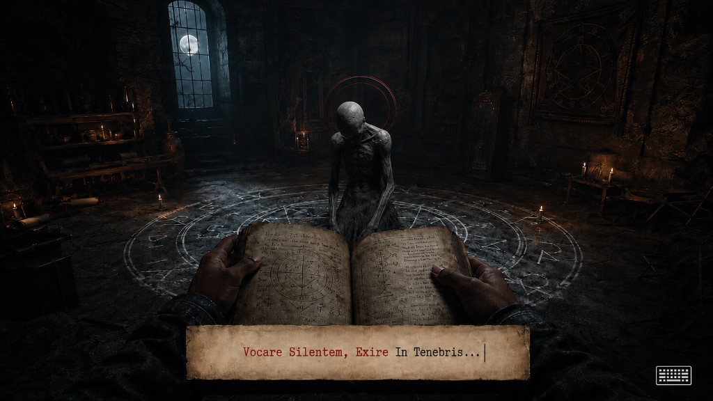 Alex typing the incantation to banish Lorth'