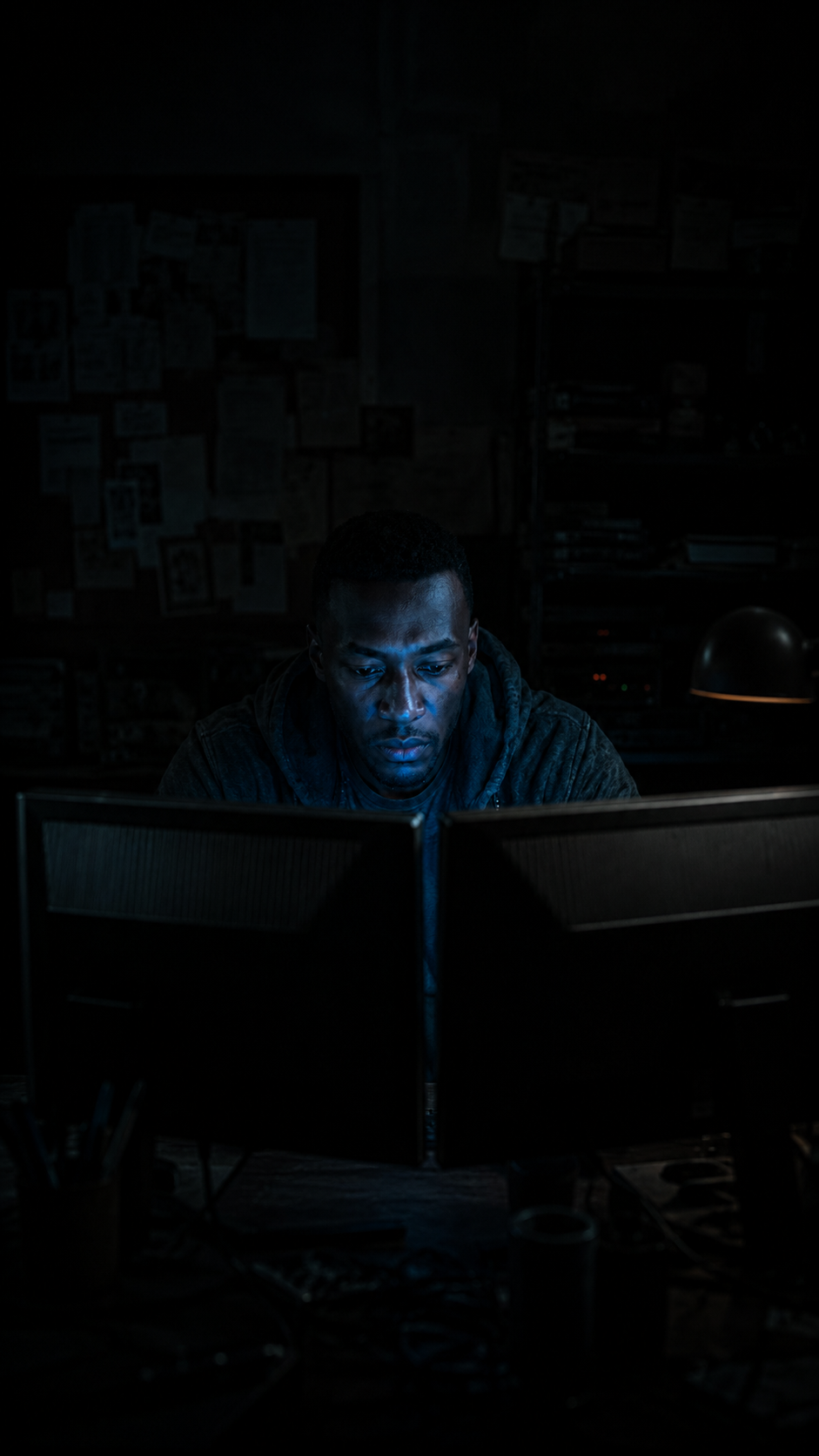 Alex at the cameras and monitors outside the house